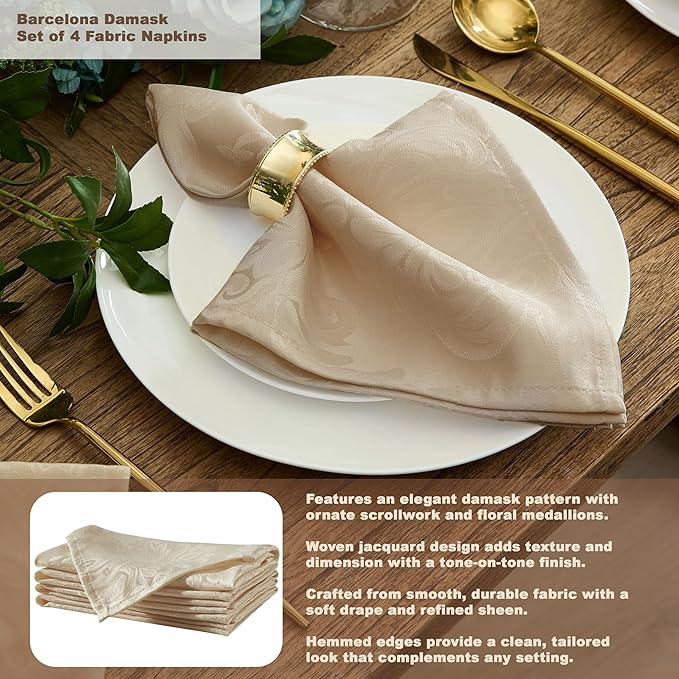 Newbridge Barcelona Luxury Damask Fabric Tablecloth, 90” Round, Golden Beige, 100% Polyester, No Iron, Soil Resistant Dining Room, Party and Banquet Table Cover