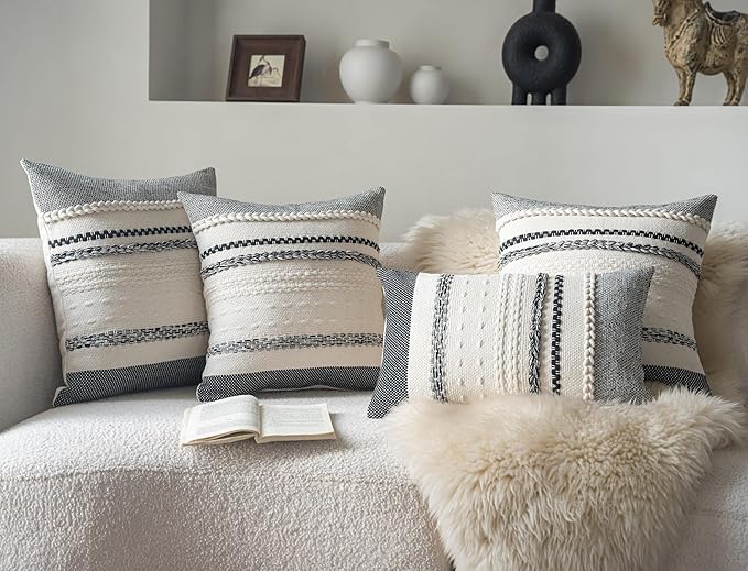 Boho Throw Pillow Covers 20x20 Inch Set of 2, Black Textured Decorative Couch Pillow Cases for Farmhouse Home Decor, Accent Cushion Cover for Sofa, Bed, Living Room, Bedroom