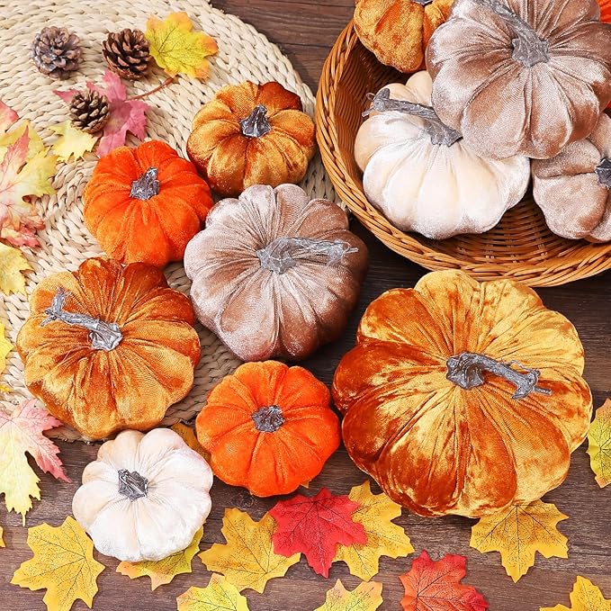 4pcs Velvet Fake Pumpkins Fall Harvest Fabric Foam Pumpkin Thanksgiving Halloween Decor for Table Centerpiece Wedding Farmhouse (4, Orange Gold Coffee Beige, S)