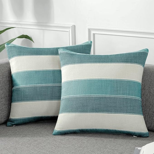 AmHoo Pack of 2 Farmhouse Stripe Check Throw Pillow Covers Set Case Cotton Linen Decorative Pillowcases Cushion Cover for Couch Bench Sofa 24x24Inch Teal Blue