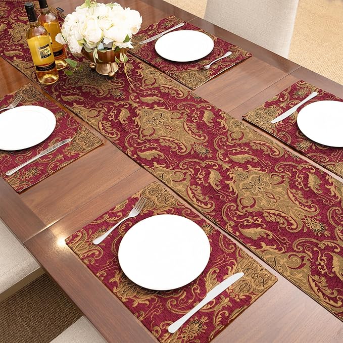 Loom and Mill Luxury Vintage Chenille Table Runner 60 Inches Long, Red Damask Jacquard Table Runners with Multi-Tassels for Dining Room Dresser Party Banquet Christmas Decor(Red,13x60 inch)