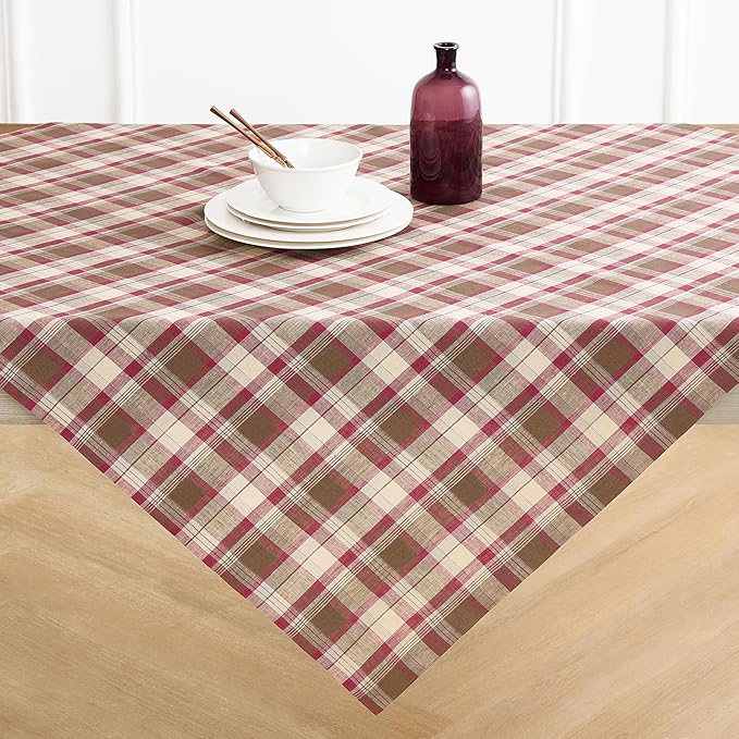 Solino Home Linen Square Tablecloth 52 x 52 Inch - 100% Pure Linen Rustic Multicolor Tartan Plaid Tablecloth - Handcrafted and Machine Washable Table Throw for Fall, Autumn, Thanksgiving