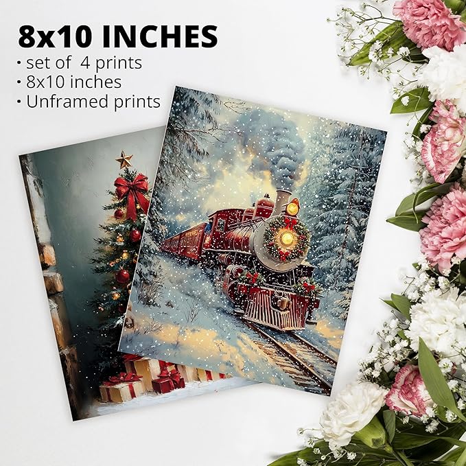 AEHIE Vintage Winter Xmas Tree Wall Art Poster Prints for Home Living Room, Vintage Xmas Holiday Poster Prints, moody christmas Pictures with Winter Snowy Forest Scene Wall Art Unframed 4pcs 8x10inch