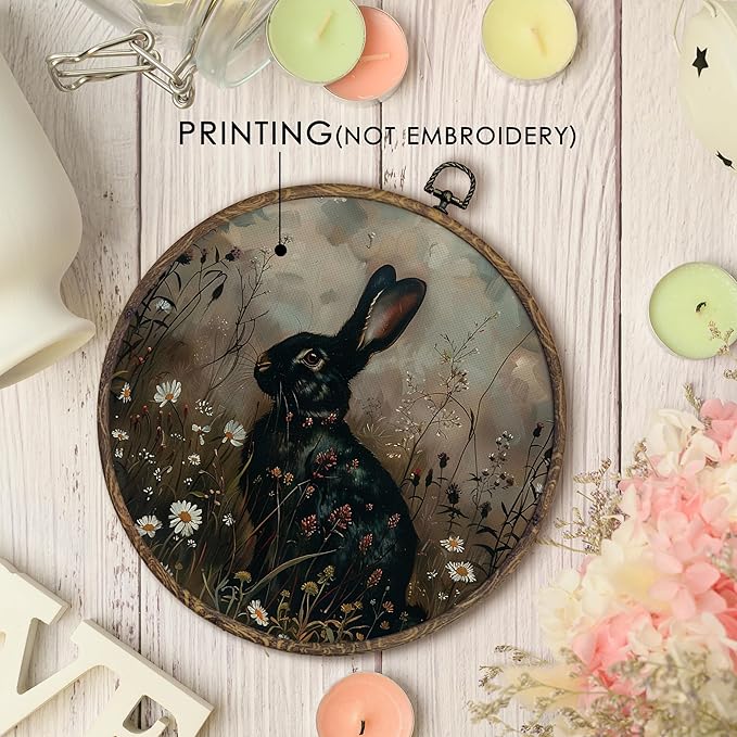KFXHANGD Vintage Witchy Black Bunny Round Wall Art Framed,Decor, Cottagecore Rabbit Canvas Wall Art Decor, Dark Academia Bunny Floral Hanging Decor for Farmhouse Bathroom Living Room, 10x10in