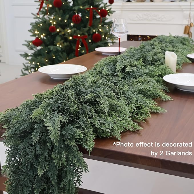 4PCS 9FT Artificial Cedar Garland for Christmas Decoration - Realistic Winter Greenery Garland for Mantel, Fireplace, Table, Door, Holiday Indoor Outdoor Decor