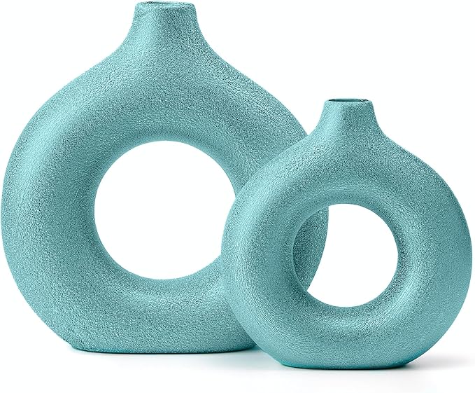 Modern Donut-Shaped Decorative Vases, Handmade Minimalist Boho ins Style, Modern Vase for Home Decor for Wedding Dinner Table Party Living Room Office Bedroom (Blue-Gold, Large + Small)