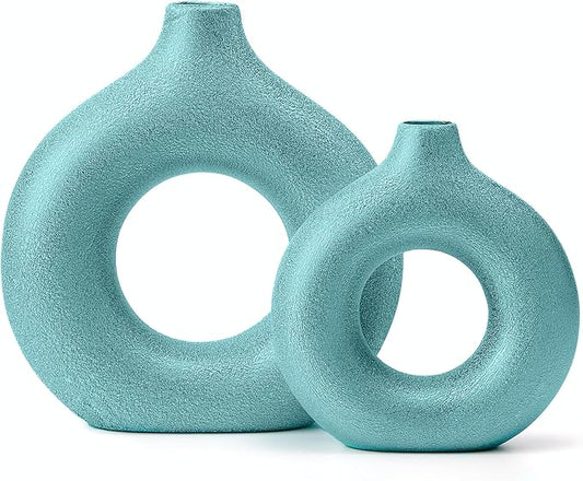Modern Donut-Shaped Decorative Vases, Handmade Minimalist Boho ins Style, Modern Vase for Home Decor for Wedding Dinner Table Party Living Room Office Bedroom (Blue-Gold, Large + Small)