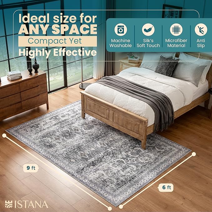 Istana 6x9 Area Rug - Grey Rugs for Living Room 6x9 - Foldable Boho Rugs for Bedroom - Stain Resistant Washable Rug - Eco-Friendly Area Rugs - Easy to Clean Living Room Rug