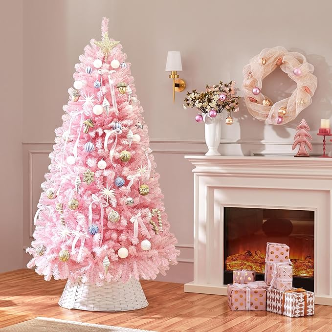 Yaheetech 6ft Pre-lit Artificial Hinged Christmas Tree Prelighted Full Holiday Xmas Tree for Home Party Decoration with 300 Warm White Lights & 818 Branch Tips, Foldable Metal Stand, Pink