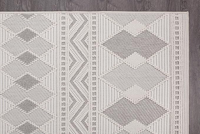 CAMILSON Micro Loop Rug 8x10 Modern Luxury Geometric Boho Diamond Area Rugs Soft High and Low Pile Stain Resistant Easy-Cleaning Non-Shedding for Living Room Office Indoor Carpet (8 x 10 / White-Gray)