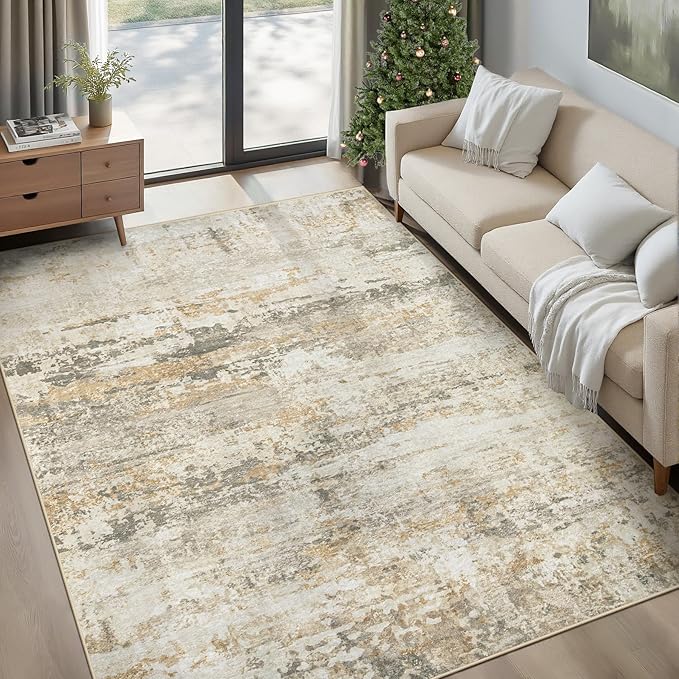Area Rugs 6x9 for Living Room: Washable Rug Modern Abstract Neutral Soft Non-Slip Low-Pile Indoor Carpet for Bedroom Dining Room Playroom Home Office (Beige Grey Brown, 6'x9')