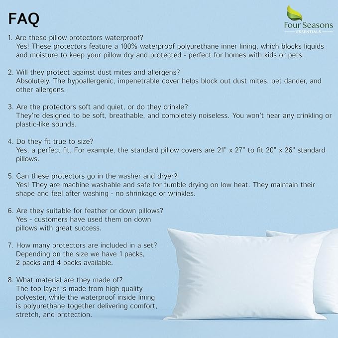 Standard Pillow Protectors (Set of 2) – Zippered Waterproof Pillow Covers Hypoallergenic Dust and Allergen Proof Pillowcase Encasement