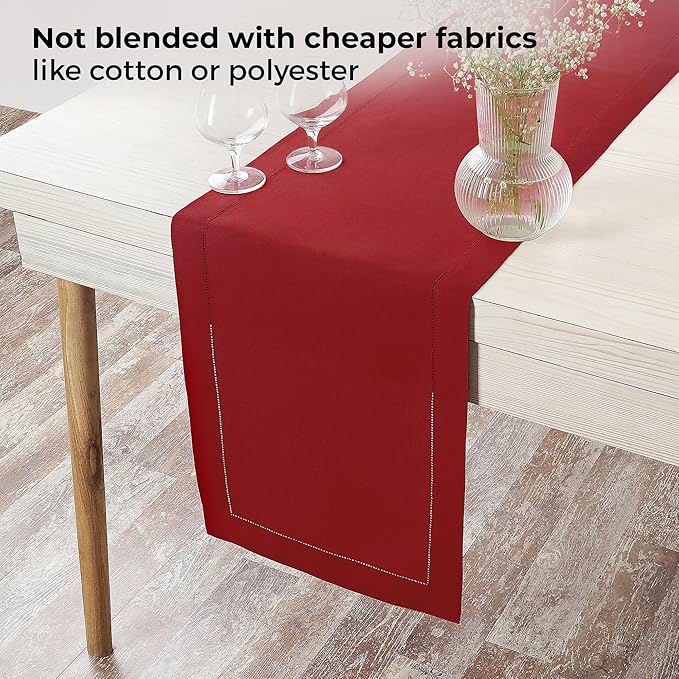 D'Moksha Homes Linen Red Table Runner 72 Inches Long - 100% Pure Linen Hemstitch Table Runner 14 x 72 Inch for Dresser, Dining, Winter, Christmas, Holiday - Classic Hemstitch