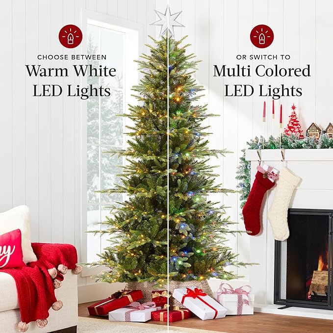 Best Choice Products 4.5ft Pre-Lit Artificial Aspen Slim Christmas Tree, Noble Holiday Décor w/ 750 Branch Tips, 2-in-1 Multicolor LED Lights, Cordless Connection, Metal Stand