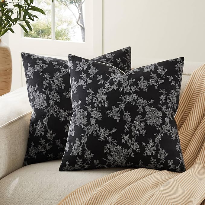 100% Cotton French Pastoral Throw Pillow Covers Set of 2, 16x16 Inch Background/Black Farmhouse Decorative Cushion Covers for Sofa Bed Living Room Home Decor