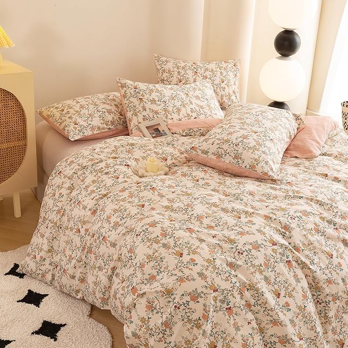ECOCOTT Reversible Floral Duvet Cover Queen Size – 3 Piece 100% Washed Cotton Bedding Set, Soft Breathable Comforter Cover with Zipper Closure & Corner Ties