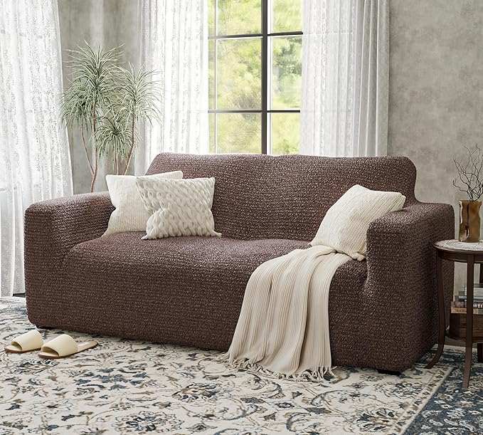 PAULATO BY GA.I.CO. Loveseat Slipcover - Oversized Chair Cover - Stretch Couch Cover - Cushion Love Seat Sofa Slipcover - 1-Piece Form Fit Washable Protector - Mille Righe Collection - Brown