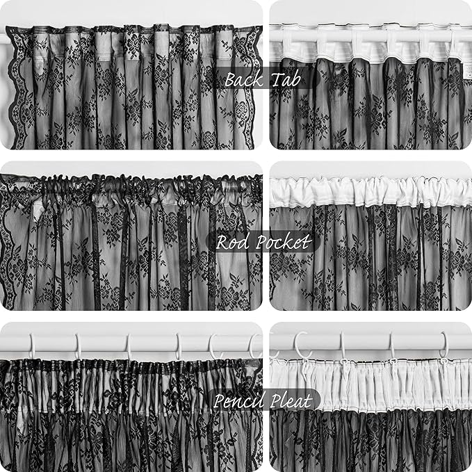 MEETSKY Black Floral Lace Sheer Curtains 90 Inch Long Goth Victorian Vintage Spooky Halloween Holiday Party Decor for Living Room Back Tab Rod Pocket Light Filtering Drapes, 50" W Each Panel, 2 PCs