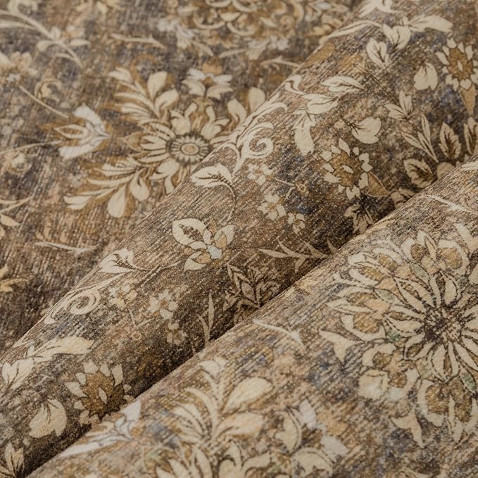 3x5 Vintage Area Rug Brown Entryway Washable Carpet Non Slip Bedroom Indoor Living Room Door Mat Low Pile Traditional Distressed Retro Floral Accent Rug for Dining Room Bathroom Kitchen