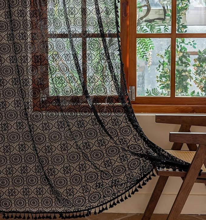 Black Lace Curtains Gothic 108 Inches Long Dark Bohemian Goth Curtains Vintage Halloween Sheer Curtain for Living Room Bedroom Privacy Witchy Gothic Victorian Décor 2 Panels W59 x L108 Black