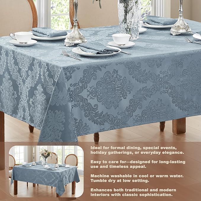 Newbridge Barcelona Damask Fabric Tablecloth, 60 x 120 Inch Rectangle, Blue – No Iron, Soil Resistant Table Cover for Dining, Parties and Holidays