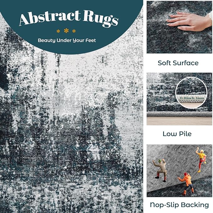 2x3 Area Rugs Washable Rug, Soft Modern Abstract Rugs for Entryway Small Low Pile Thin Rug Non Slip Indoor Neutral Carpet for Kitchen Bedroom Laundry Bathroom Hallway Black Grey Blue