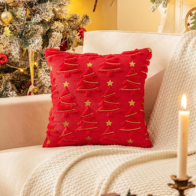 AQOTHES Christmas Tree Decorative Red White Throw Pillow Covers 18x18 Set of 2, Faux Fur Farmhouse Throw Pillows Cushion Cases for Xmas Winter Holiday Home Decor