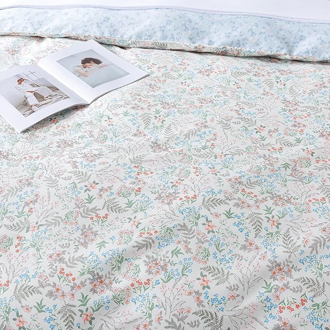 HoneiLife Wildflower Duvet Cover King - 100% Cotton Comforter Cover Sets, 3-PC Floral Botanical Bedlinen Set, Botanical Duvet Cover with Zipper Closure & Corner Ties