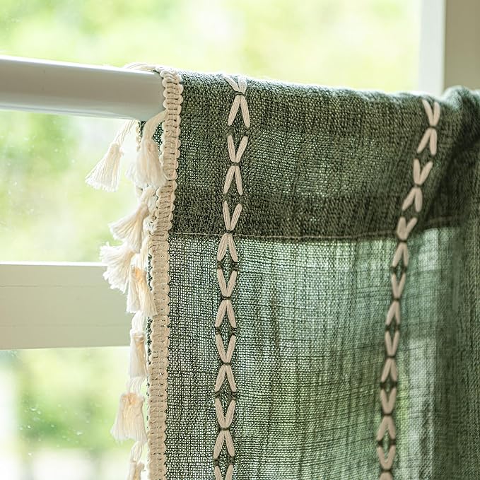 Sutuo Home Boho Valance Short Curtains Tier for Windows Cafe Closet, Bohemian Linen Farmhouse Tassels Light Filtering Window Treatment Embroidery Drape Rod Pocket 1 Panel 52" W x 36" L Olive Green