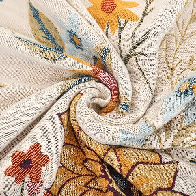 Boho Throw Blanket for Couch Sofa Chair Cotton Blankets for Bedroom Living Room All Season Soft Lightweight Reversible Floral Embroidery Throws 50"x60"
