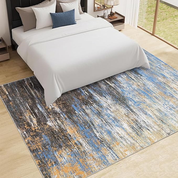 Modern Abstract Area Rug 4x6 Washable Rug for Living Room, Ultra Soft Rug for Bedroom, Non Slip Indoor Floor Carpet, Stain Resistant Rugs for Home Decor Office, Blue/Brown