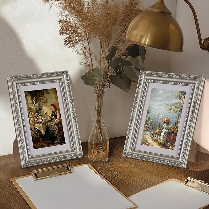 eletecpro 5x7 Picture Frames Set of 2, Vintage Photo Frames with Real Glass, Displays 4x6 Photo with Mat or 5x7 without Mat for Tabletop or Wall Decor, Silver Beige