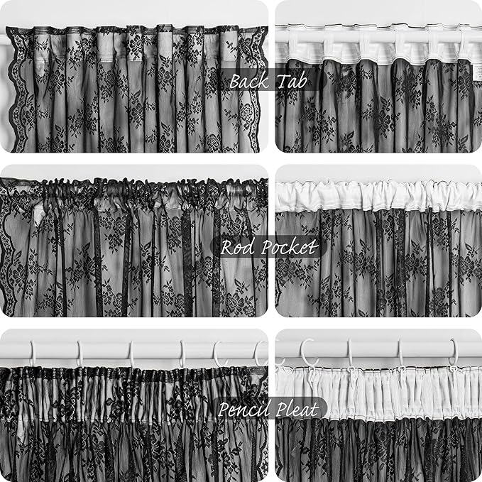 MEETSKY Black Lace Curtains 63 Inch Length 2 Panels Set Victorian Vintage Gothic Sheer Light Filtering Back Tab Rod Pocket Drapes for Halloween Decor, 50" Wide Each Panel