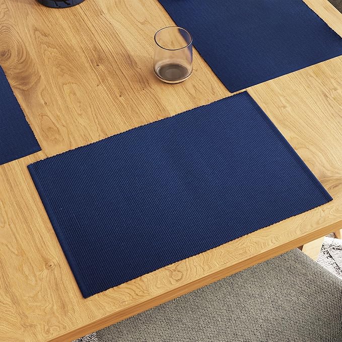 Encasa XO Dining Placemat Set of 6 | Solid Solid Navy Blue Color | Fine Ribbed Cotton Table mat | Size 19x13 in |for Dining Table Fall Decoration, Holiday & Christmas Festivals - Machine Washable