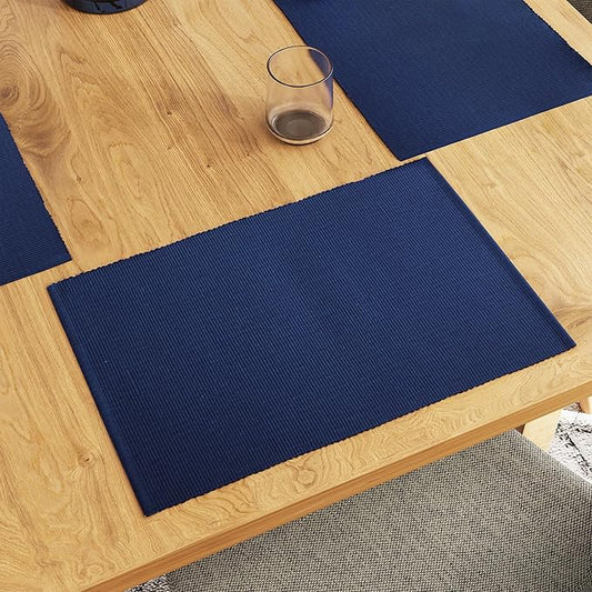 Encasa XO Dining Placemat Set of 6 | Solid Solid Navy Blue Color | Fine Ribbed Cotton Table mat | Size 19x13 in |for Dining Table Fall Decoration, Holiday & Christmas Festivals - Machine Washable