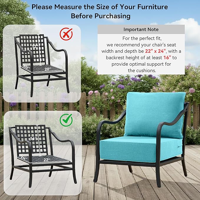 6" Thick Outdoor Cushions 22x24x6, 10-Set Deep Seat Patio Cushions with Removable Cover, Waterproof & Fade Resistant Replacement for Wicker Chair, Loveseat, Sofa - Teal