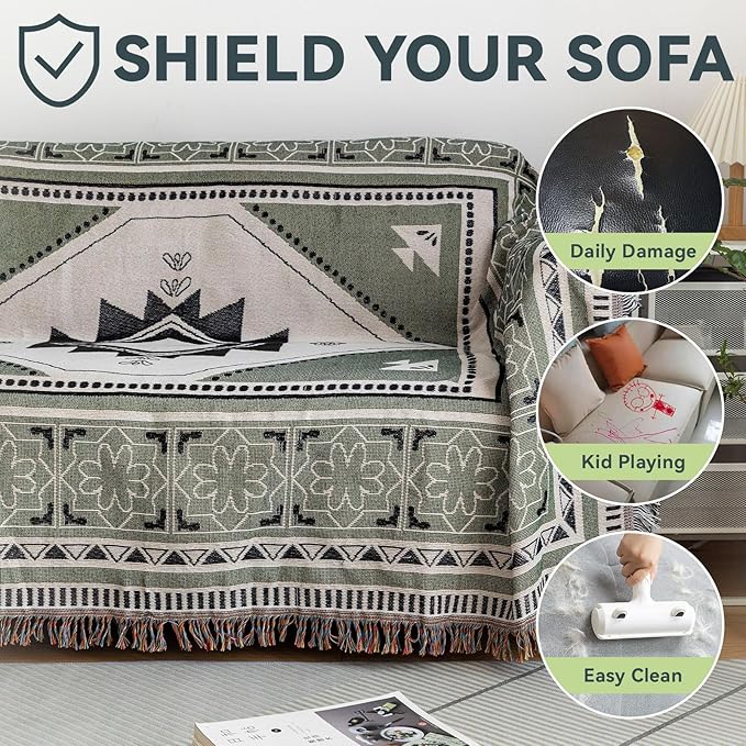 VClife Boho Sofa Cover XL Couch Cover for 3 Cushion Couch Sofa Sage Green Geometry Loveseat Cover for Dog Cotton Linen Furniture Protector Cover with Tassel Non-Slip Sectional Sofa Slipcover 71X134