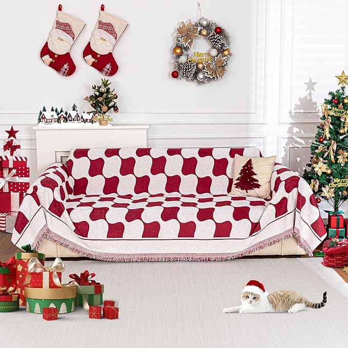 MEETSKY Christmas Couch Cover Red Sofa Slipcover for 2 Seater Couch, Sofa Covers Washable Use Thick Soft Fabric Couch Cover for Dogs, Multi-Use Decorative Couch Protector for Pets, 71" x 118"