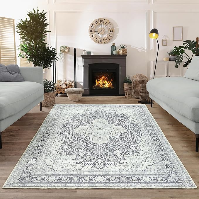 Bloom Rugs Washable Non-Slip 6' x 9' Rug - Charcoal Blue Traditional Medallion Area Rug for Living Room, Bedroom, Dining Room, and Kitchen - Exact Size: 6' x 9'