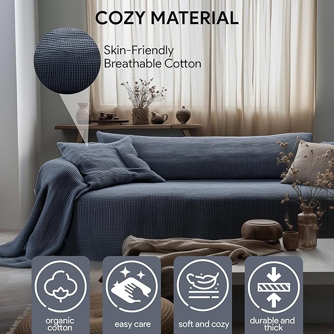 Sectional Couch Cover %100 Cotton - Perfect for L-Shape, U-Shape & Sectional Sofas, Washable Couch Cover, Extra Large Sofa Cover, 3, 4 Seater Slip Cover (Anthracite Blue, 91x134 inches - 230x340 cm)