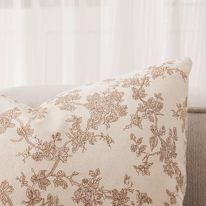 100% Cotton French Pastoral Throw Pillow Covers Set of 2, 16x16 Inch Brown Farmhouse Decorative Cushion Covers for Sofa Bed Living Room Home Decor
