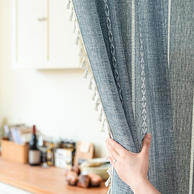 Sutuo Home Blue Boho Door Curtains for Doorway, Bohemian Semi Blackout with Tassels Privacy Embroidery Drape Decor for Temporary Room Dividers Bedroom Living Room, Rod Pocket 1 Panel 37" W x 80" L