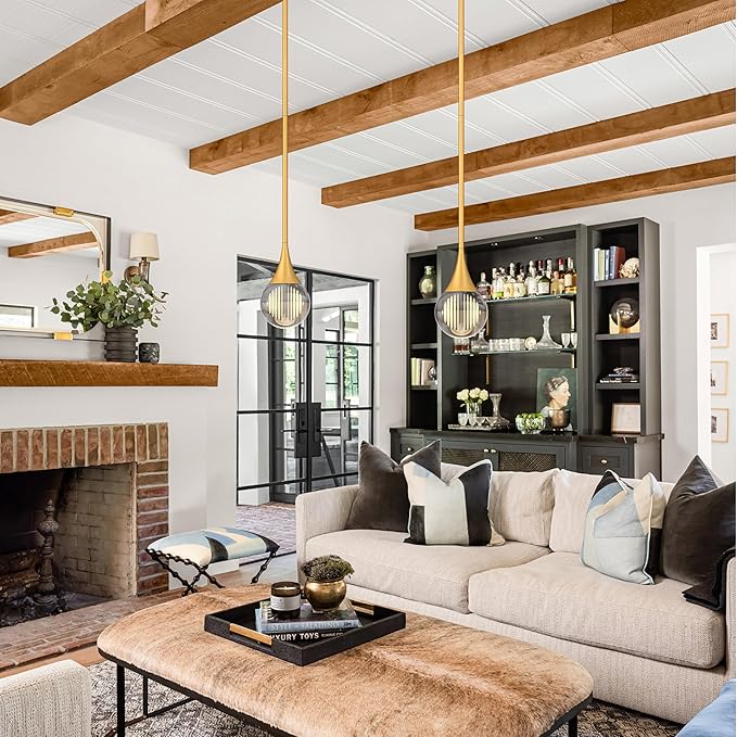 2-Pendant Lights Kitchen Island, Painted Gold Globe Crystal Ceiling Hanging Light Fxitures, LED Light Fixtures Metal Rod Ceiling Glass Pendant Lighting for Kitchen Island Dining Room Bar
