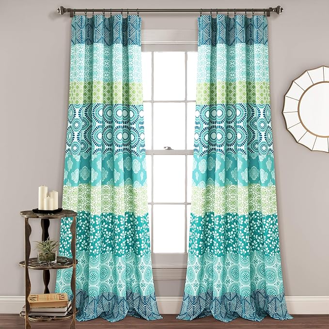 Lush Decor Bohemian Stripe Window Curtain Panels, Pair 52" W x 95" L Blue & Green - Light Filtering Curtains for Bedroom - Boho Curtains - Maximalist Decor