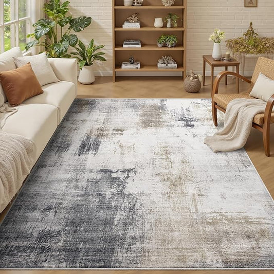 Area Rug 6x9 Washable Rug for Living Room, Modern Abstract Rug，Non-Slip Stain Resistant Carpet for Entryway Bedroom Dining Room Farmhouse Nursery Home Office- Gray Gold