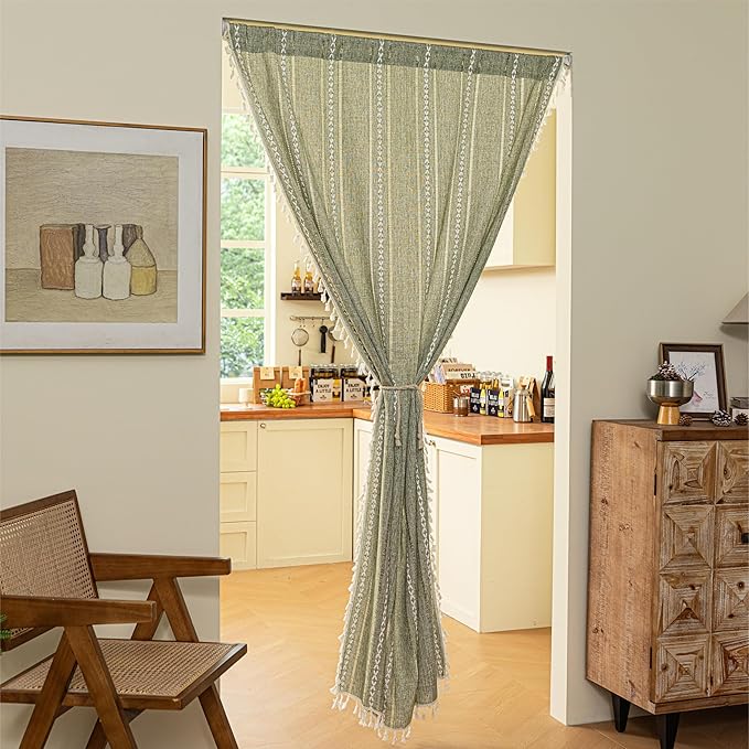 Sutuo Home Green Boho Door Curtains for Kitchen Doorway, Bohemian Semi Blackout Privacy Embroidery Drape Decor for Temporary Room Dividers Bedroom Living Room, Rod Pocket 1 Panel 37" W x 80" L