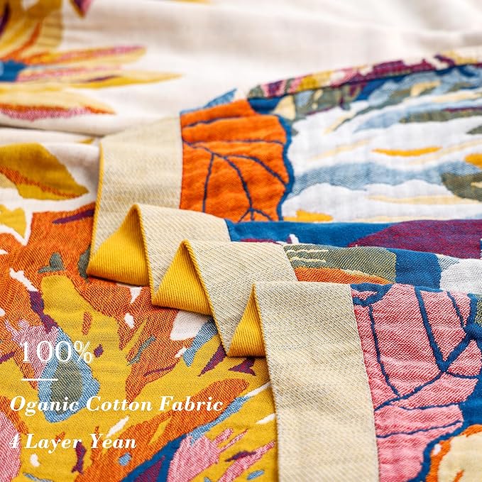 Boho Throw Blanket 60" x 80", 100% Organic Cotton Skin-Friendly Lightweight Ultra Soft Bed Quilt Throw - Fall Floral Butterfly Farmhouse Decor Blanket for Sofa Couch Chair and Gift.