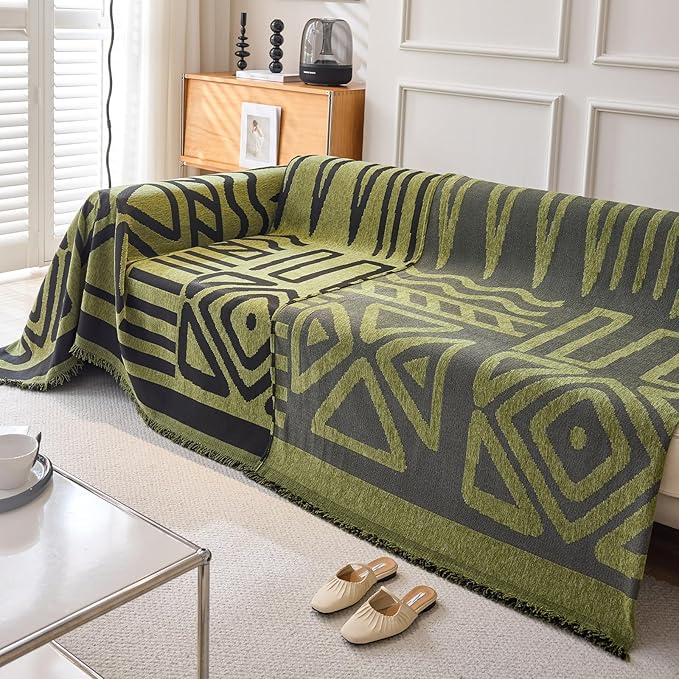 DREAMINGO Boho Couch Cover Washable Chenille Sofa Cover Blanket Green Black Furniture Protector for Sectional 3 Cushion Couch Reversible Geometric Jacquard Sofa Slipcover, X-Large 71"x134"