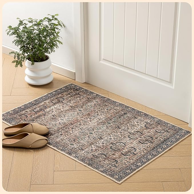 Istana Area Rug 2x4 - Olive & Charcoal 2x4 Washable Rug Non Slip - Pet Friendly Living Room Rug - Non Shedding Washable Rugs for Bedroom - Foldable Bathroom Rugs
