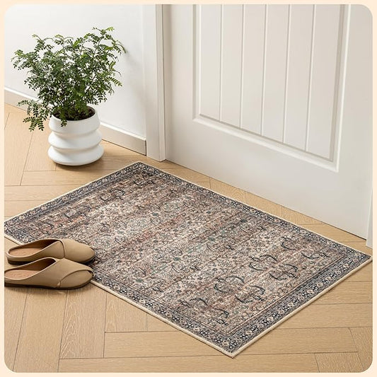Istana Area Rug 2x4 - Olive & Charcoal 2x4 Washable Rug Non Slip - Pet Friendly Living Room Rug - Non Shedding Washable Rugs for Bedroom - Foldable Bathroom Rugs